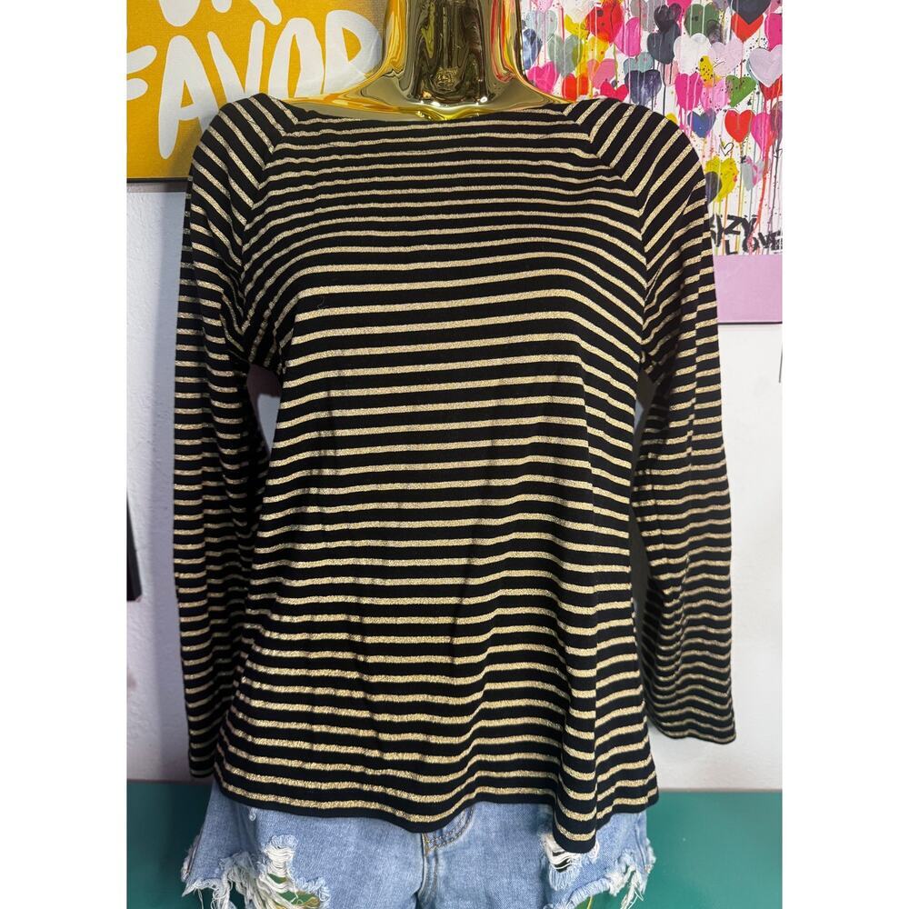 Lauren Ralph Lauren Striped Metallic Long Sleeve Top | Black & Gold‎ |S/M